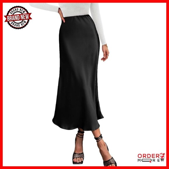 Dresses & Skirts - Satin Midi Skirt High Waist Elastic Flowy A-Line Elegant
